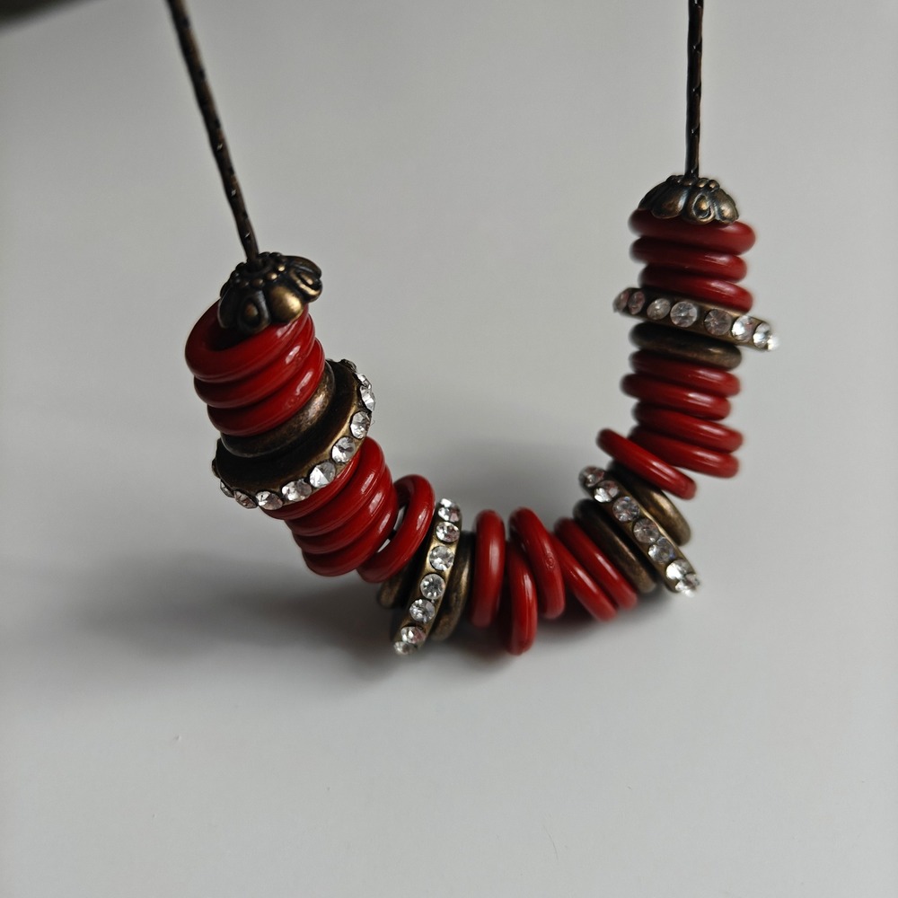 Urban Outfitters‎ Red Resin Ring Antique Brass Rhinestone Statement Necklace NEW